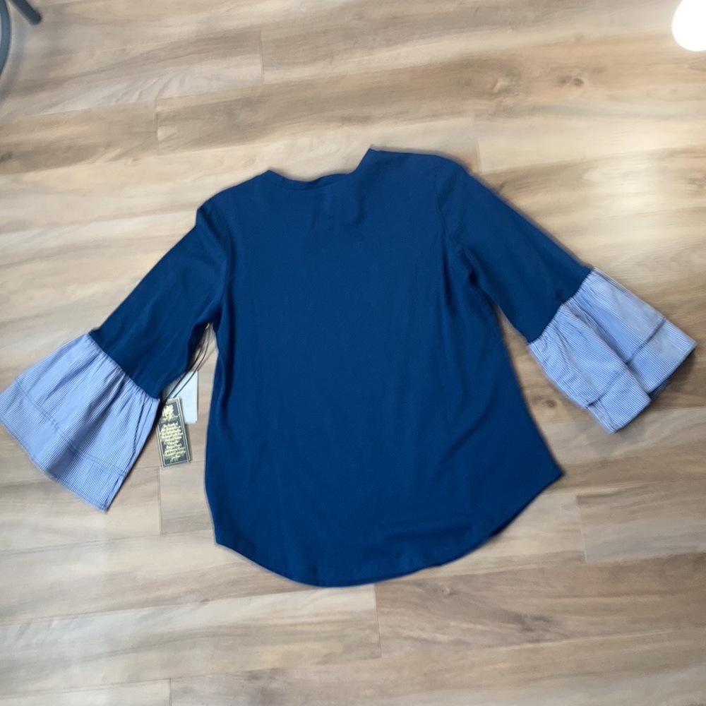 DG2 navy blue top w striped ruffle bell sleeve detail boho XS - Picture 12 of 17